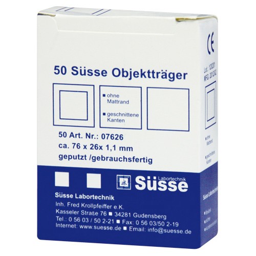 Objektträger ohne Mattrand, farblos Süsse Objektträger ohne Mattrand, farblos Süsse
